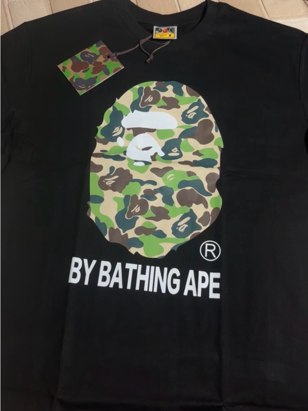 Bape Black Tee with Green Brown Camo Ape Head
